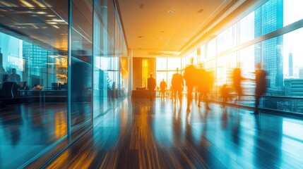 A long exposure shot of a busy corporate office with employees moving around, showing dynamic business activity.