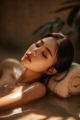 Obraz premium Asian Woman in Elegant Room Applying Tanning Cream While Wet, Evoking the Grace of Venus with Beautiful Features and Long Legs