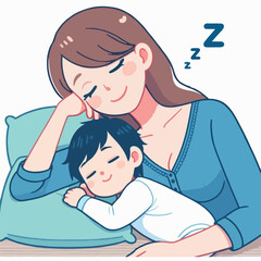 mother accompanying her child to sleep