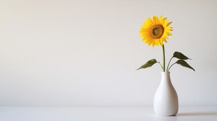 A single sunflower in a white vase, against a white background. Minimalist and elegant composition, showcasing the beauty of the flower.