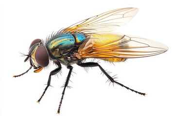Close-up of a colorful fly on a white isolated background.