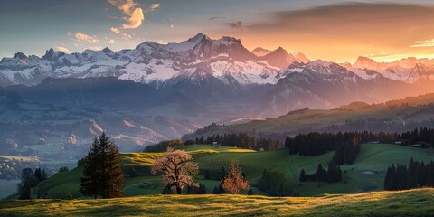 Golden Light of Sunrise Illuminating the Swiss Alps in Spring