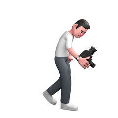 3D Media Practitioner. A male photographer is walking with his right hand holding a camera pointed downwards. Male Photographer