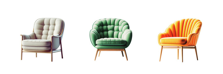 Set of Scandinavian armchair, isolated over on transparent white background
