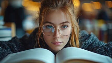 A young woman deeply engrossed in her studies at a cozy library, surrounded by books during the golden hour