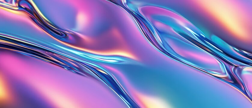 Smooth liquid surface with flowing rainbow chrome texture featuring vibrant colors, metallic reflections, and a futuristic glossy, sleek finish