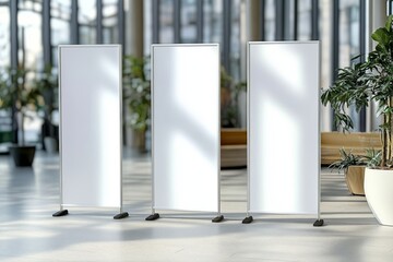 Empty Display Boards Set up in a Modern Indoor Space With Plants and Natural Light During the Day