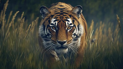 A majestic tiger prowling through tall grass, its eyes focused and intense.