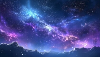 Beautiful fantasy starry night sky, blue and purple colorful, galaxy and aurora 4k wallpaper. cosmic watercolor illustration. Colorful space background with stars