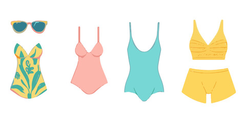 Cute beachwear and accessories, flat design illustration vector set isolated on a white background.