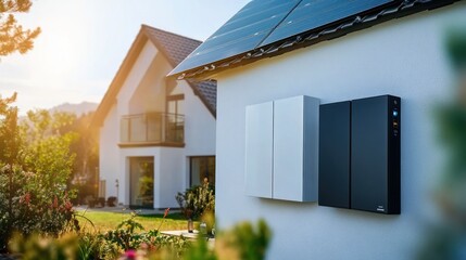 A white and black home energy storage system mounted on the side of a house. Solar panels are visible on the roof.
