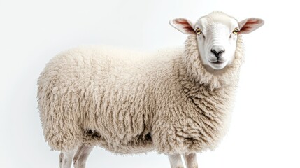 Obraz premium A Close-Up View of a Fluffy Sheep Standing Against a Plain White Background in a Farm Setting