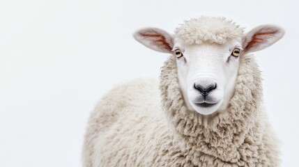 A Close-Up of a Fluffy Sheep Gazing Curiously Against a Neutral Background During Daylight