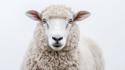 Close-up View of a Fluffy Sheep With a Curious Expression Against a White Background