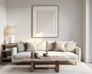 Fototapeta premium Minimalist living room with neutral tones, framed art on wall, soft lighting, modern living room, interior design art
