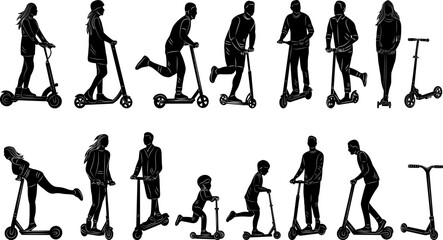silhouette set people and children riding scooters, vector
