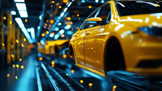 Robotic arms painting car bodies in an automotive production line, automated car painting, robotic precision