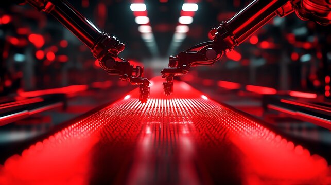 Robotic arms painting car bodies in an automotive production line, automated car painting, robotic precision