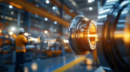 Obraz premium Workers assembling components of a wind turbine in a large manufacturing plant, wind turbine assembly, renewable energy production