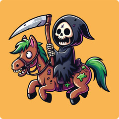 reaper on horse, grim reaper cartoon, cute grim reaper, funny grim reaper, skeleton rider, dark humor illustration, spooky cartoon, halloween grim reaper, kawaii grim reaper, skeleton cartoon