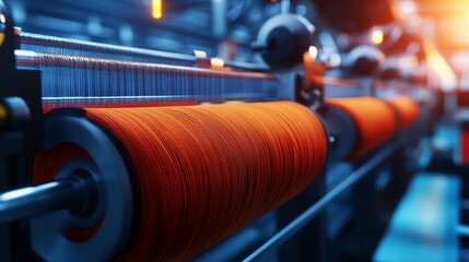 Fototapeta premium Textile weaving machines producing fabric in a modern textile mill, textile production, fabric manufacturing
