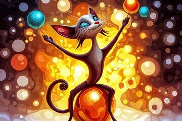 Obraz premium Playful Black Cat with Colorful Bubbles in Abstract Background