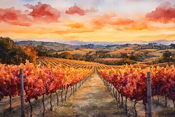 Watercolor Painting of Vineyards Across Rolling Hills in Autumn: Grapevines in Rich Reds and Oranges Under Golden Sunset