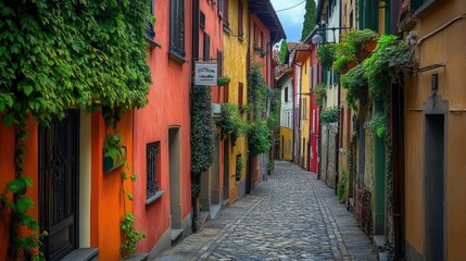 Fototapeta premium A narrow alley in a historic European town lined with ivy-covered walls, cobblestones, and colorful buildings.