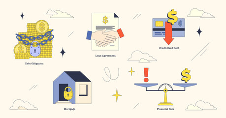 Illustration of debt obligations, loan agreements, and financial risks in neubrutalism style collection.