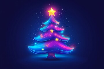 Neon glowing Christmas tree with a bright star topper set against a dark blue night sky filled with soft twinkling stars capturing a whimsical and modern holiday atmosphere