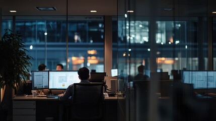 Fototapeta premium Interior of an Office with Individuals Seated in Front of Computers Under Dim Lighting, Creating a Focused and Professional Atmosphere