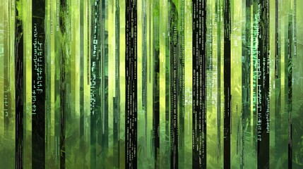 Abstract digital forest with vertical lines representing trees, blending nature and technology in a fusion of natural and technological themes