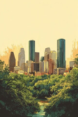 Obraz premium Houston, Texas, color pen pencil hand-drawn effect drawing illustration for travel poster, card, wallpaper, backdrop or banner. Modern, clear, artistic and simple