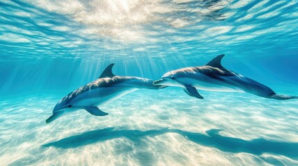 Obraz premium A pair of dolphins swimming gracefully in the crystal-clear waters of the ocean.