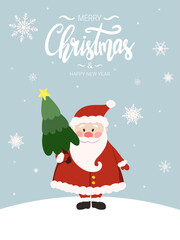 Merry Christmas and Happy New Year greeting card with cute santa claus holding Christmas tree.  Hand drawn Christmas lettering 