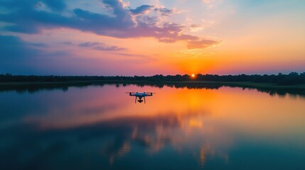 Fototapeta premium A drone hovers over a calm lake, capturing the breathtaking beauty of a sunset with its golden light reflecting on the water.