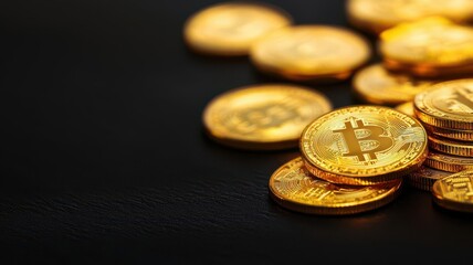 A detailed image of gold coins scattered on a black surface, shining brightly, gold coins, wealth and prosperity