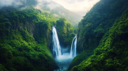 Fototapeta premium Two magnificent waterfalls cascade down lush green mountains, creating a breathtaking spectacle of natural beauty. The water flows down the cliffs, creating a sense of peace and tranquility.