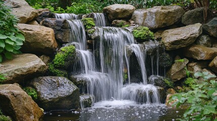 Naklejka premium A picturesque waterfall cascading over moss-covered rocks, creating a serene and tranquil scene amidst lush greenery.