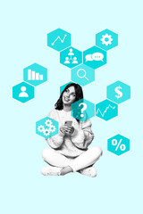 Collage image artwork of charming cute funny young woman use modern device isolated on drawing background