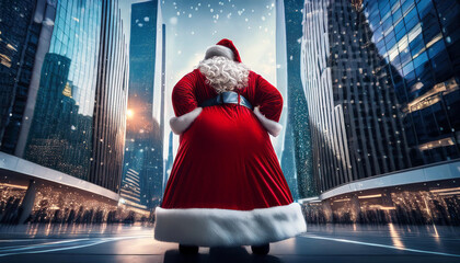 A Giant Santa Dressed red Santa clothes in the city between skyscrapers. rear view.