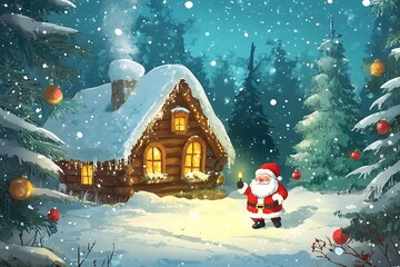 Naklejka premium Santa Claus in a Snowy Winter Wonderland, Standing in Front of a Cozy Cabin.