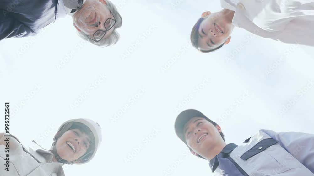 Poster 円陣を組む様々な職業の人々のチームワークイメージ（ビジネスマン・エンジニア・研究者・警備員）