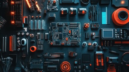 A flat lay image of various electronic components and tools arranged on a dark background.