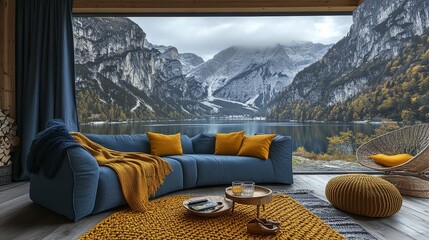 Modern Living Room With Blue Sofa And Panoramic Window Overlooking Scenic Lake In The Mountains