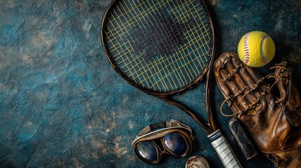A still life featuring vintage tennis racket, baseball glove, and a baseball on a rustic blue background.