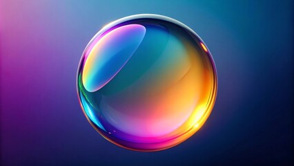 This abstract image features a transparent sphere with a smooth surface reflecting colorful gradients