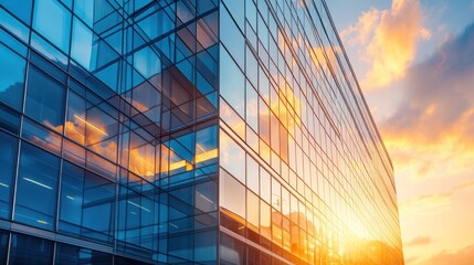 A modern skyscraper with a glass facade reflecting the beautiful sunset sky. The building's clean lines and geometric shapes are highlighted by the warm light.