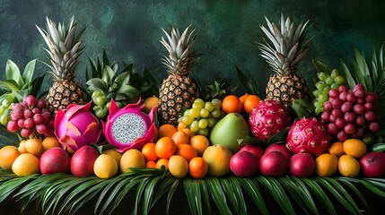 Tropical Fruit Medley Arrangement on Palm Leaf Adorned Table