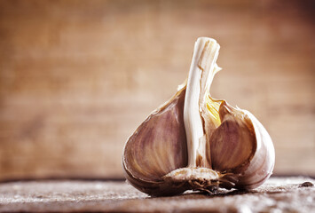 The fresh garlic on a table